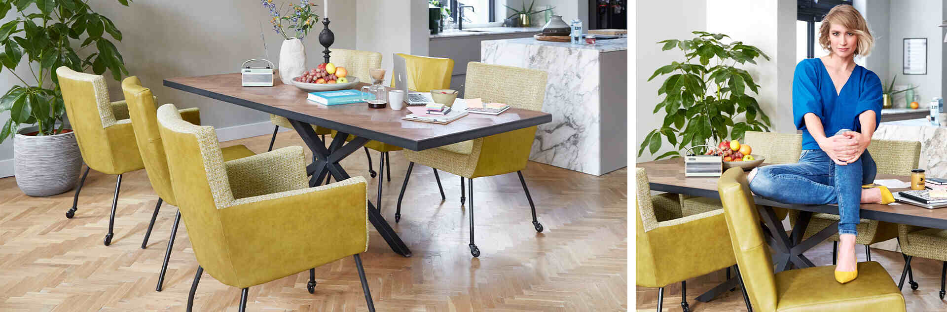 Mento Taranto tafel met gele eetkamerstoelen